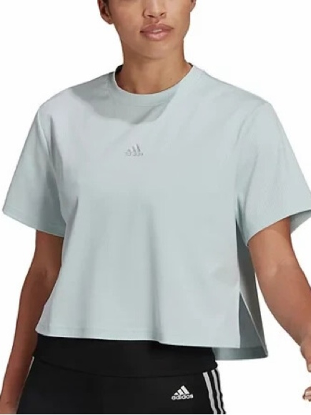 adidas x Zoe Saldana Women’s Baby Blue Relaxed Crop Crew Short Sleeve Tee